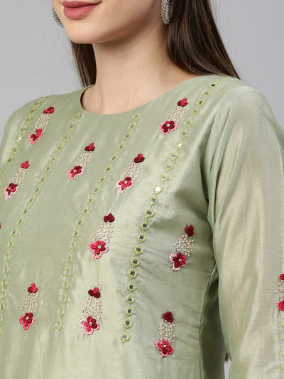 Neeru'S Pista Color Tussar Fabric Kurta