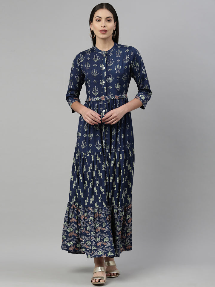 Neerus Blue Shantoon printed kurti - front view