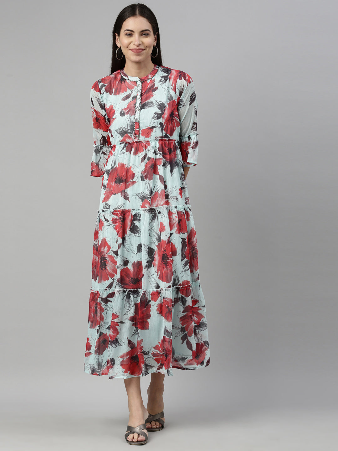 Neerus Green chiffon solid kurta - front view