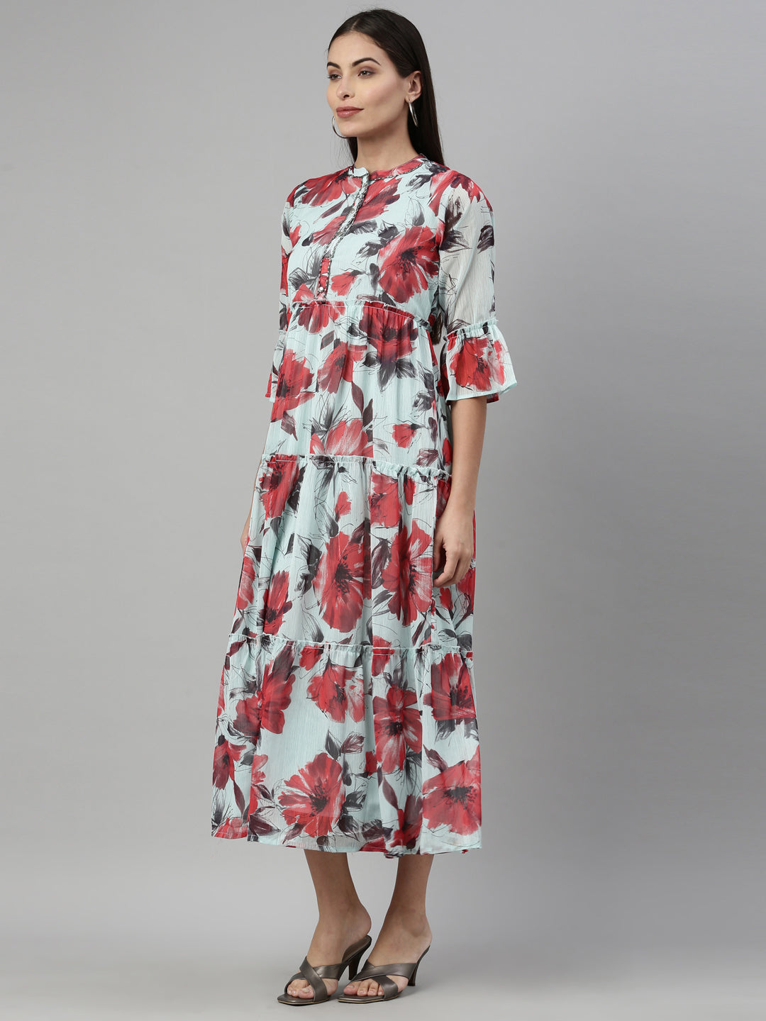 Neerus Green chiffon solid kurta - back view