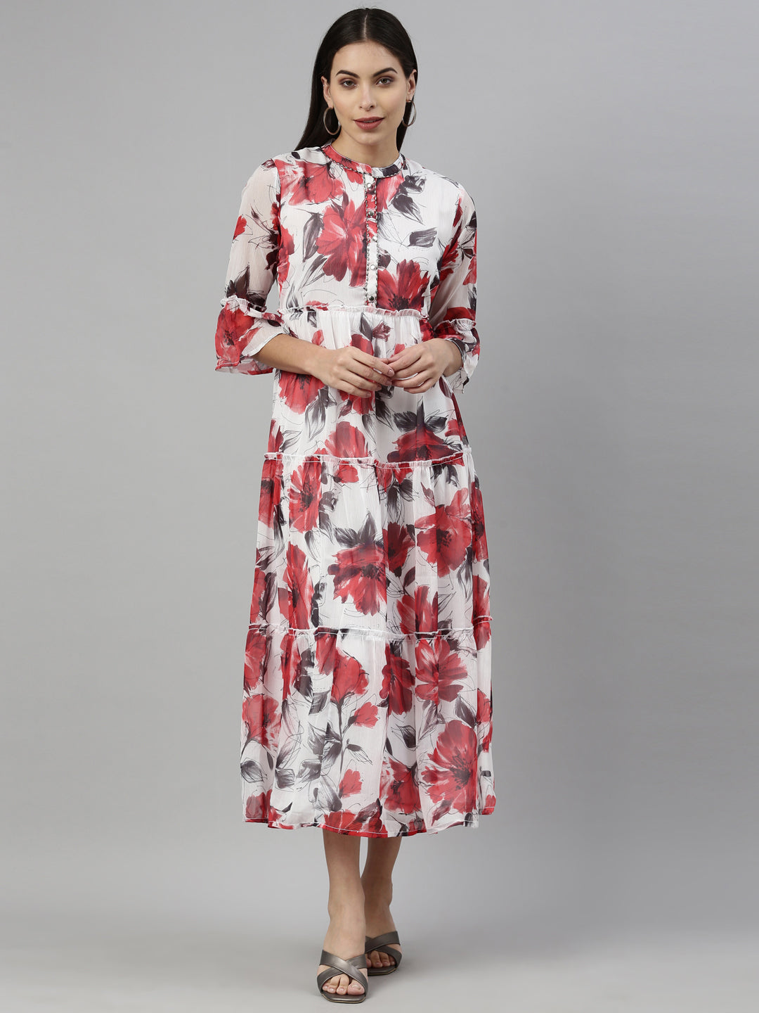 Neerus White chiffon straight kurti - front view