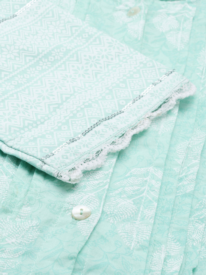 Neerus Green cotton printed A-line kurti with mandarin collar - detail view 3