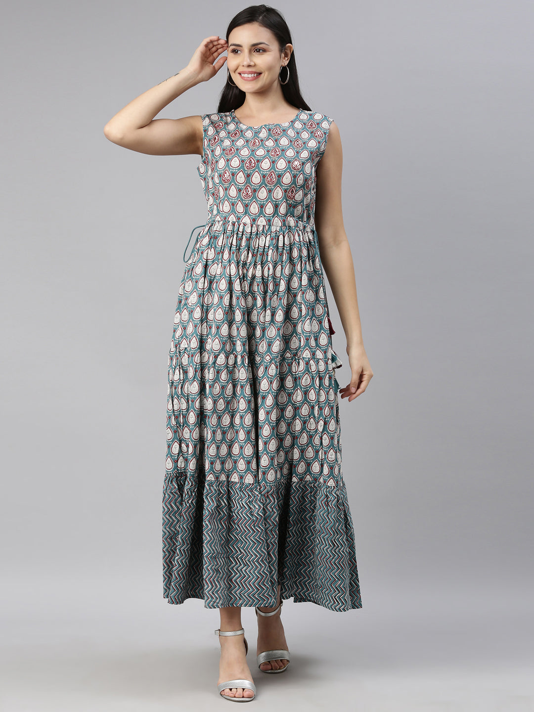 Neerus Green cotton solid kurti - front view
