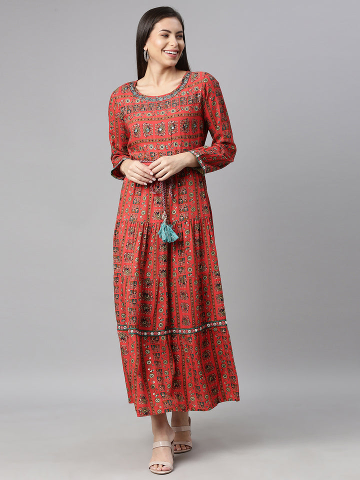 Neerus Red rayon solid kurti - front view