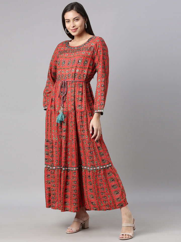 Neerus Red rayon solid kurti - back view