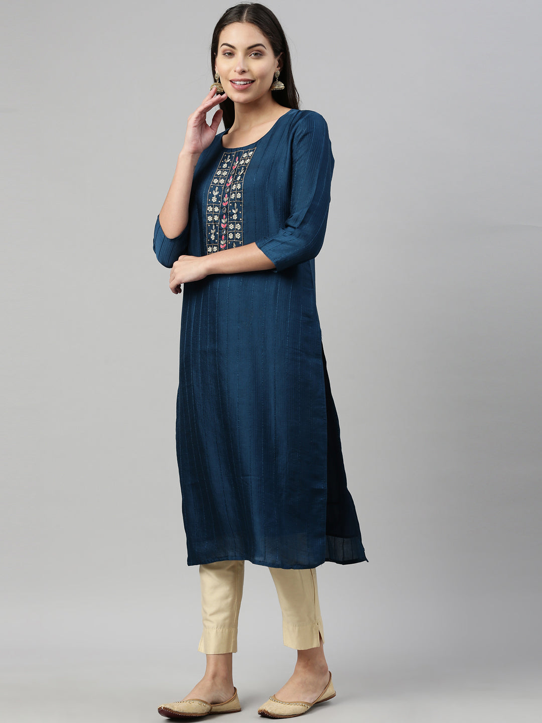 Neerus Blue silk kurta - side view
