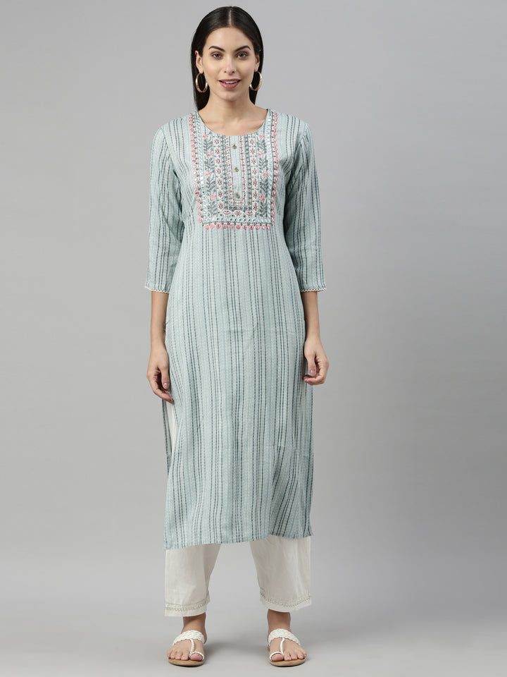 Neerus Blue rayon solid kurta - front view