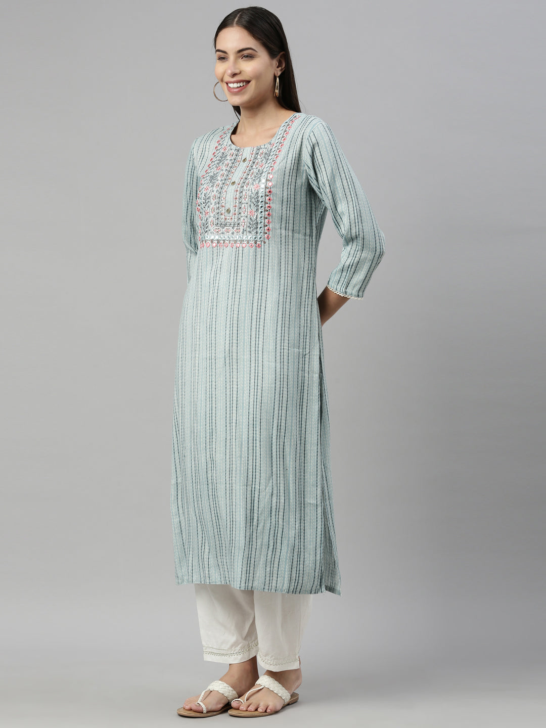 Neerus Blue rayon solid kurta - back view