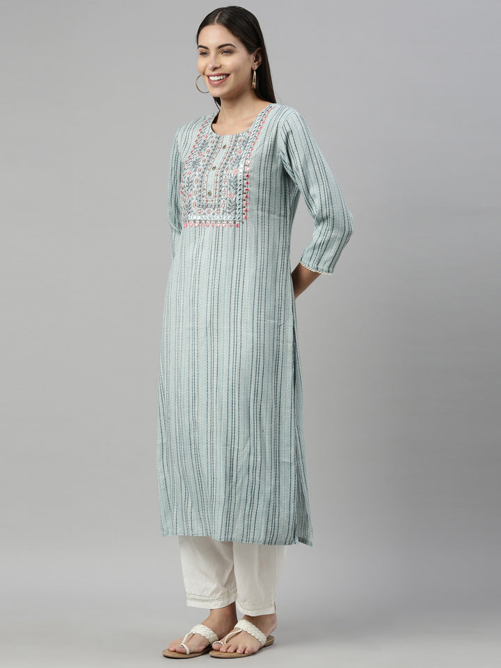 Neerus Blue rayon solid kurta - back view