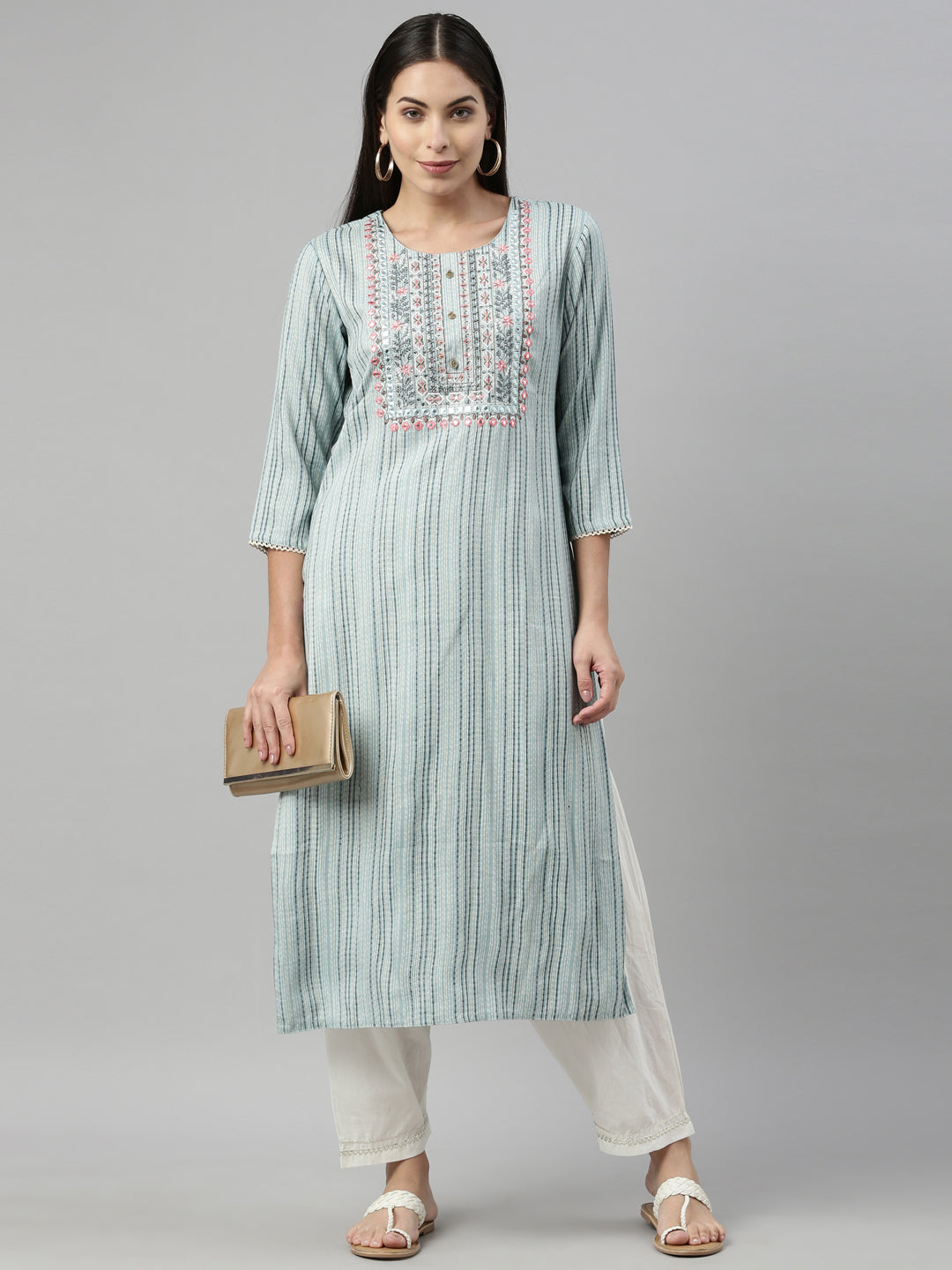 Neerus Blue rayon solid kurta - detail view 2