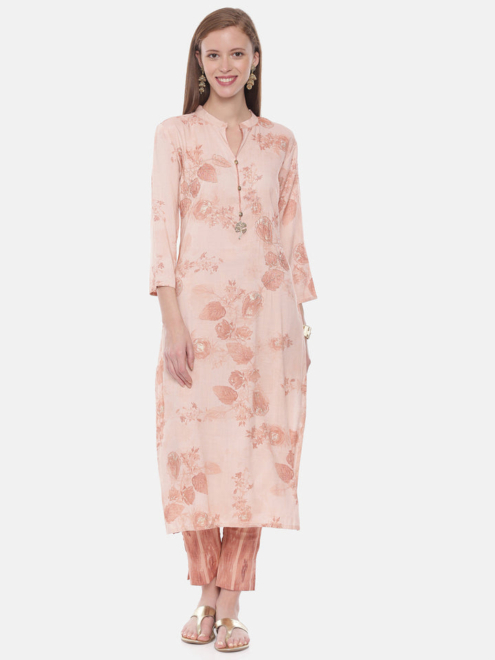 Neerus Orange viscose rayon woven straight kurti - front view