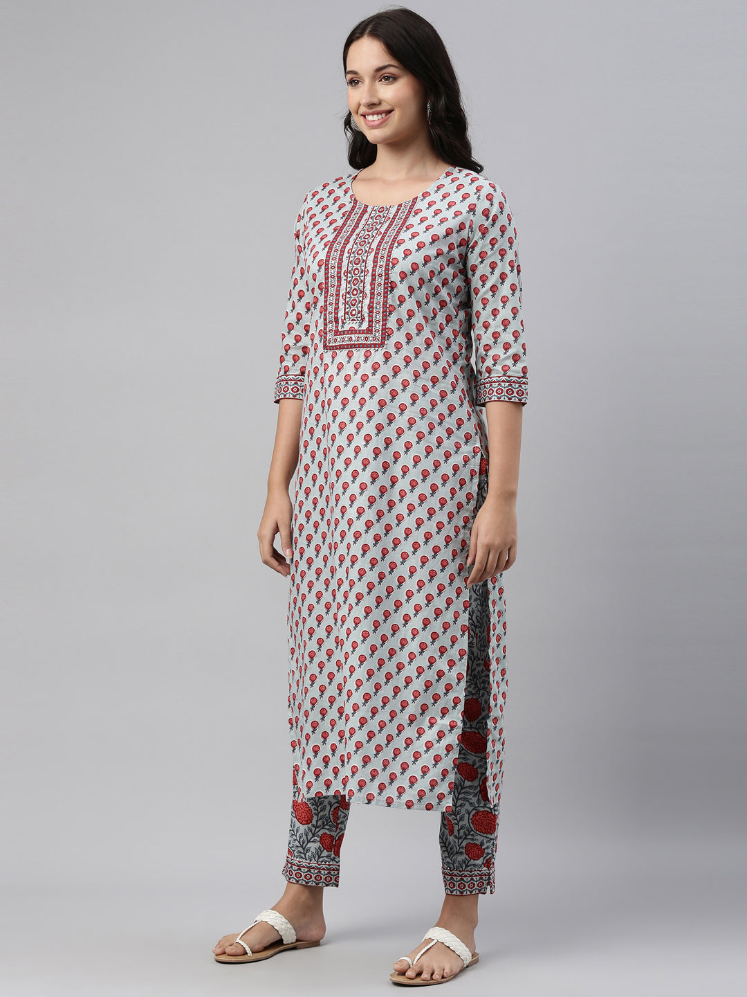 Neerus Grey cotton solid kurti set - side view