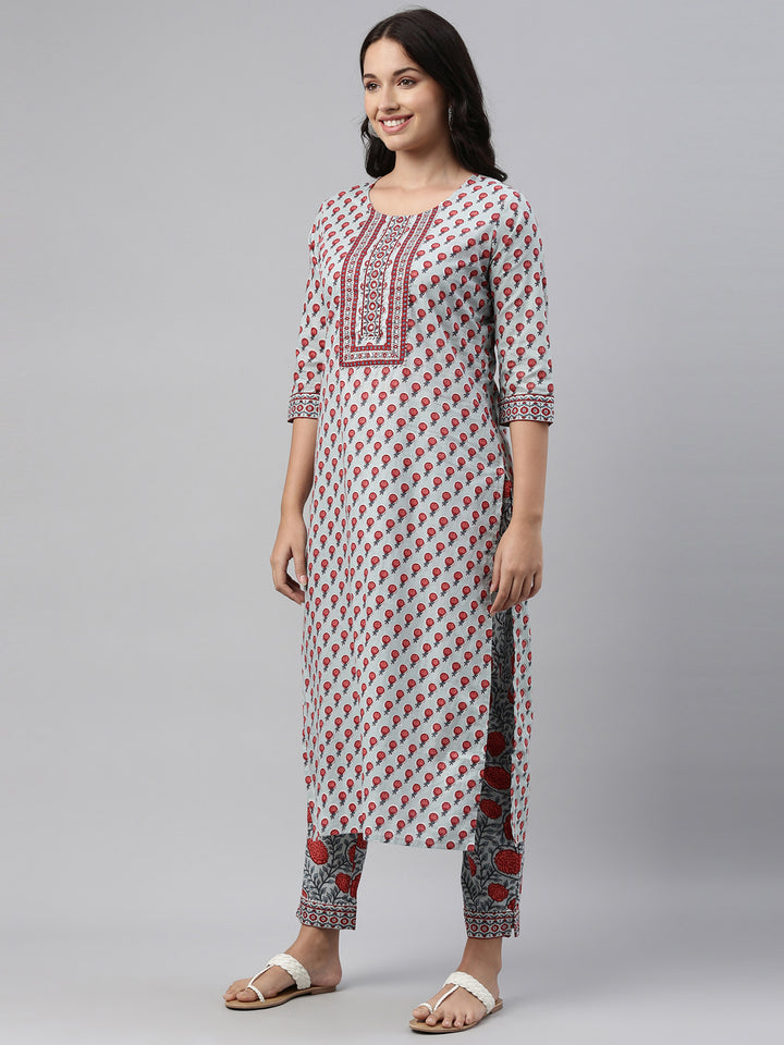 Neerus Grey cotton solid kurti set - side view