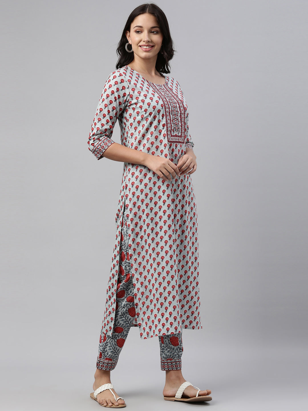 Neerus Grey cotton solid kurti set - detail view 1