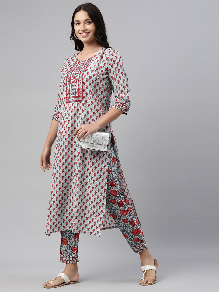 Neerus Grey cotton solid kurti set - front view