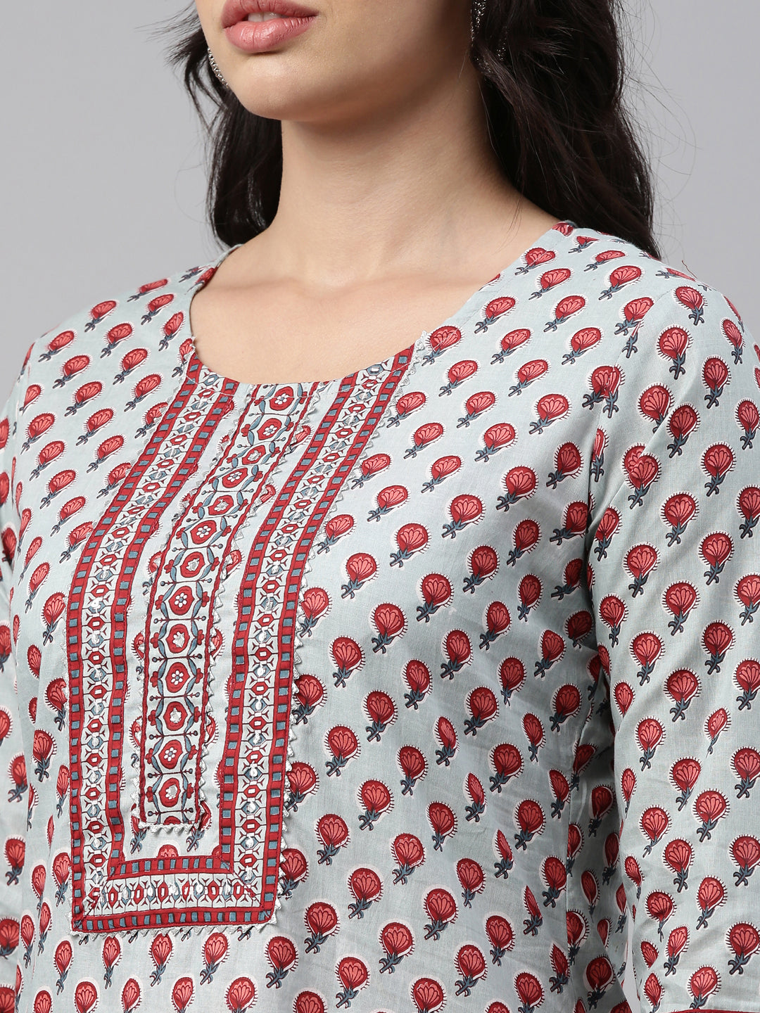 Neerus Grey cotton solid kurti set - detail view 4