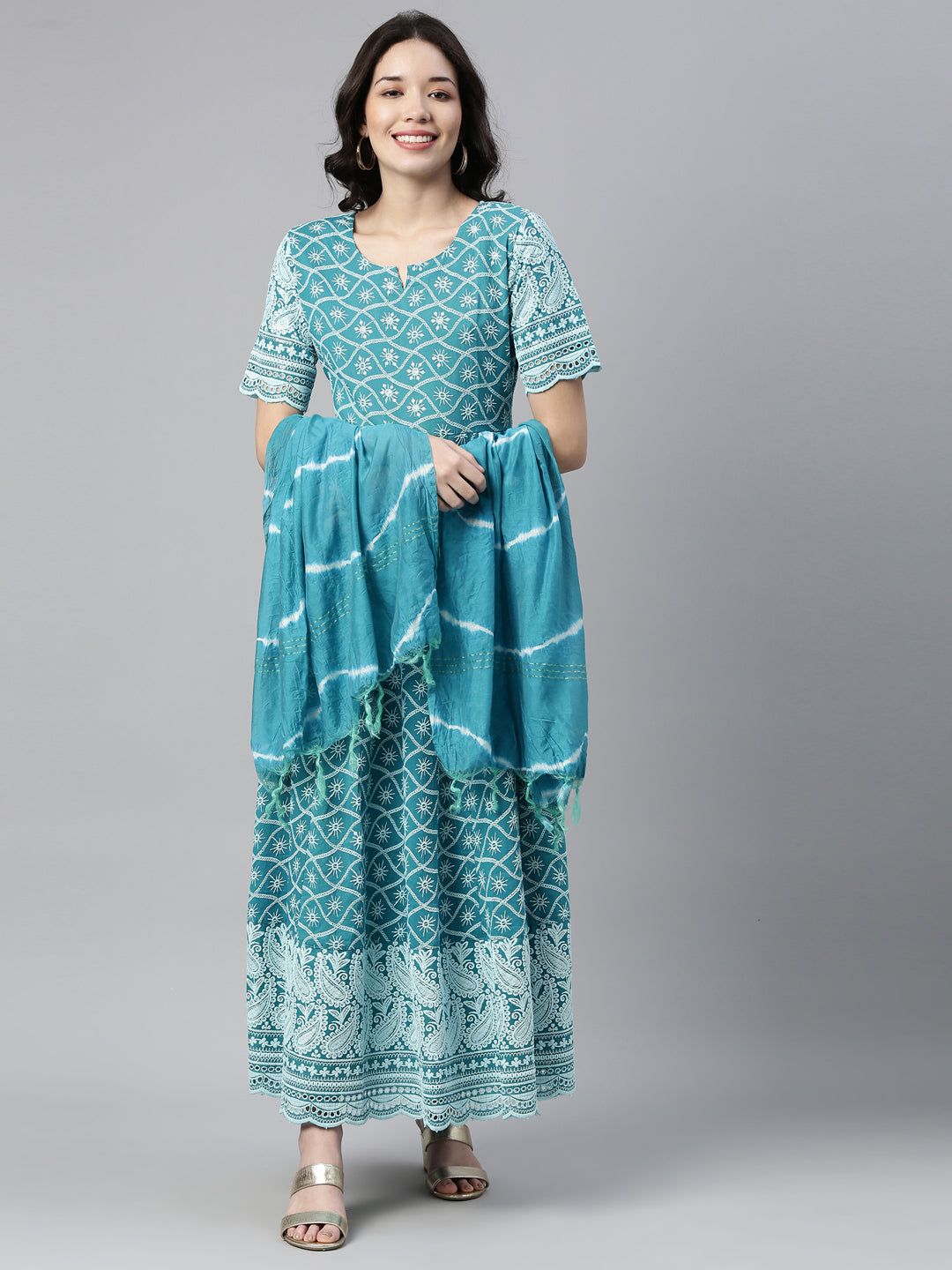 Neerus Blue cotton chikankari anarkali kurti - detail view 4