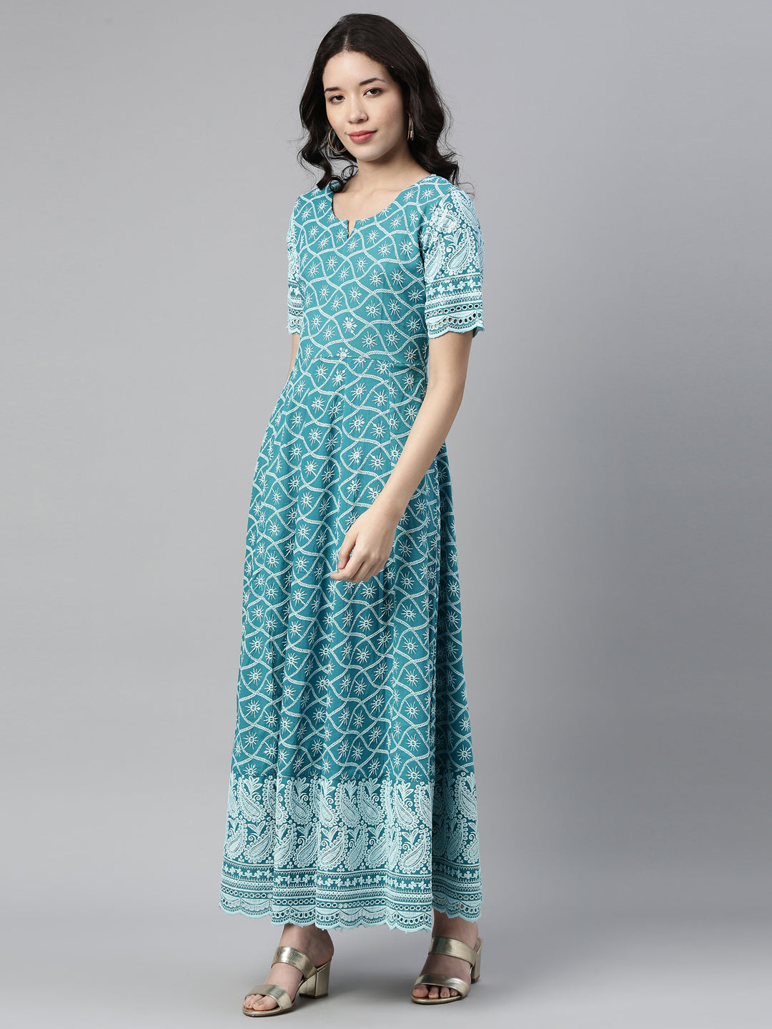 Neerus Blue cotton chikankari anarkali kurti - front view
