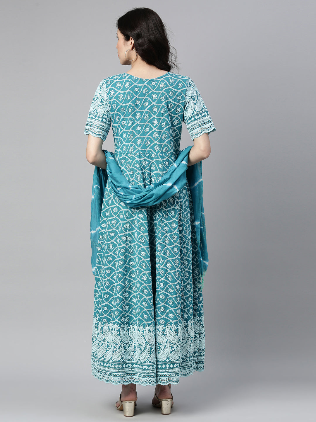 Neerus Blue cotton chikankari anarkali kurti - back view