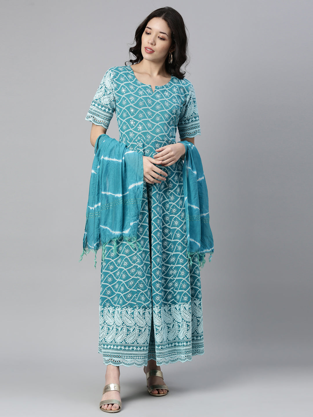 Neerus Blue cotton chikankari anarkali kurti - detail view 1
