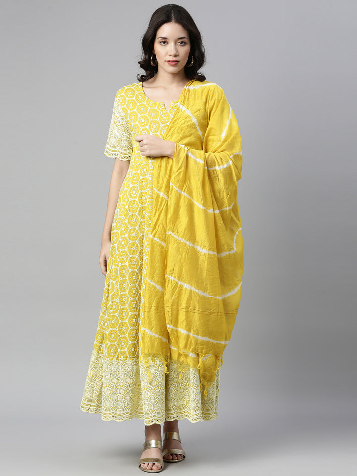 Neerus Yellow cotton chikankari anarkali kurti - detail view 4