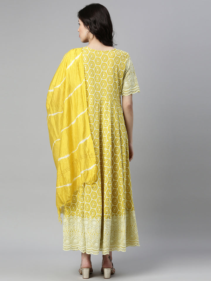 Neerus Yellow cotton chikankari anarkali kurti - back view