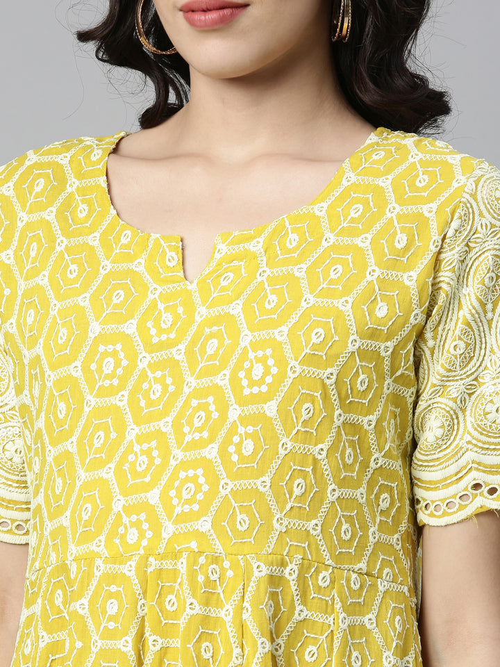 Neerus Yellow cotton chikankari anarkali kurti - side view