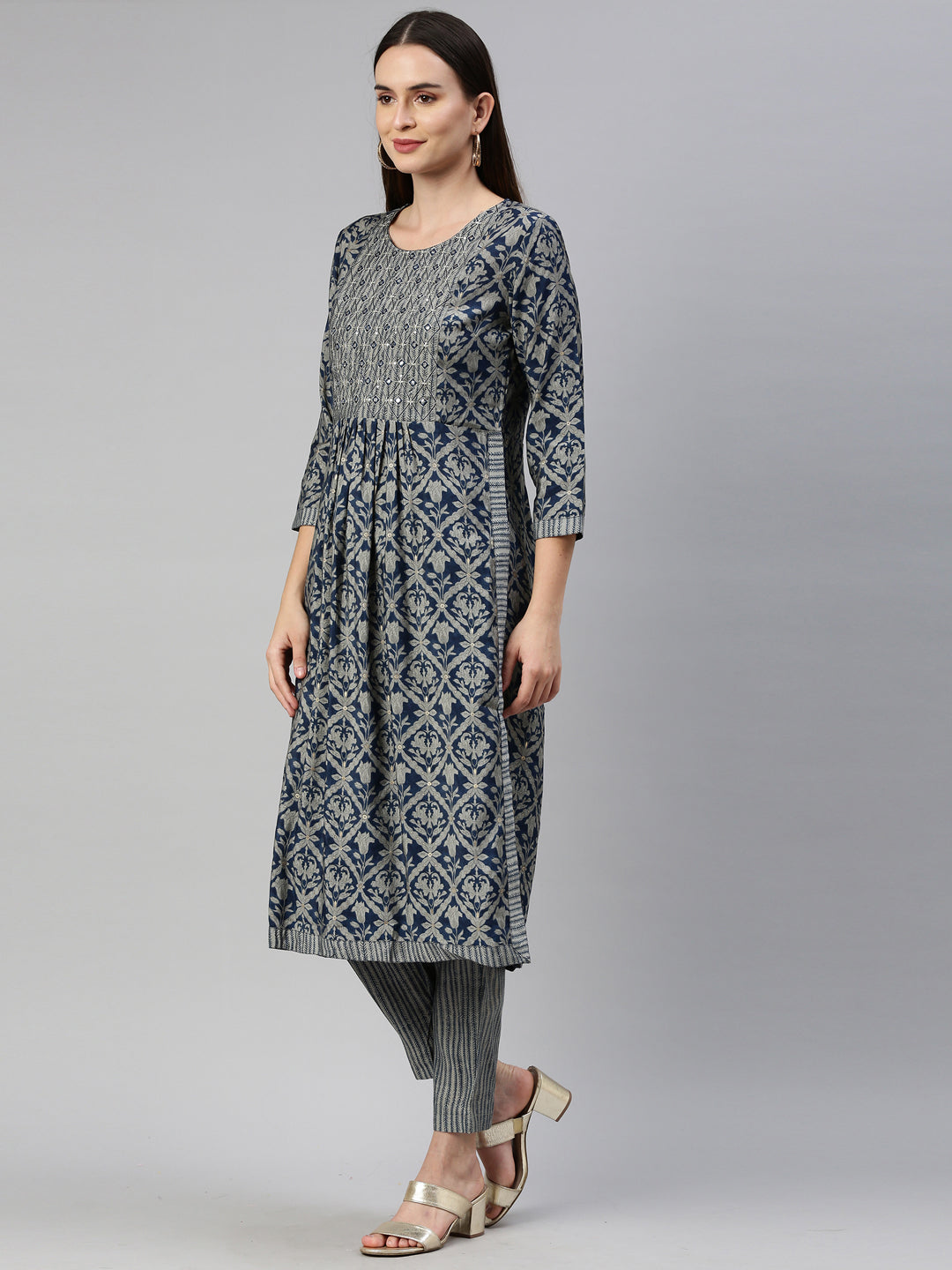 Neerus Blue muslin straight kurta set - side view