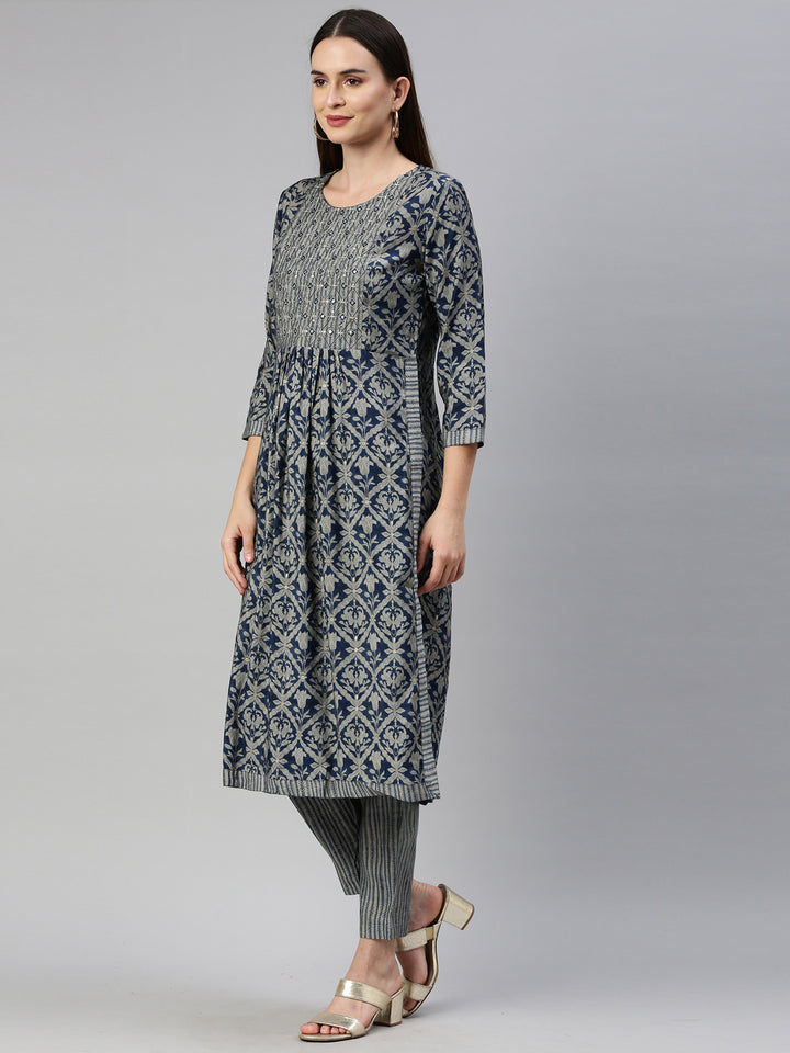 Neerus Blue muslin straight kurta set - side view