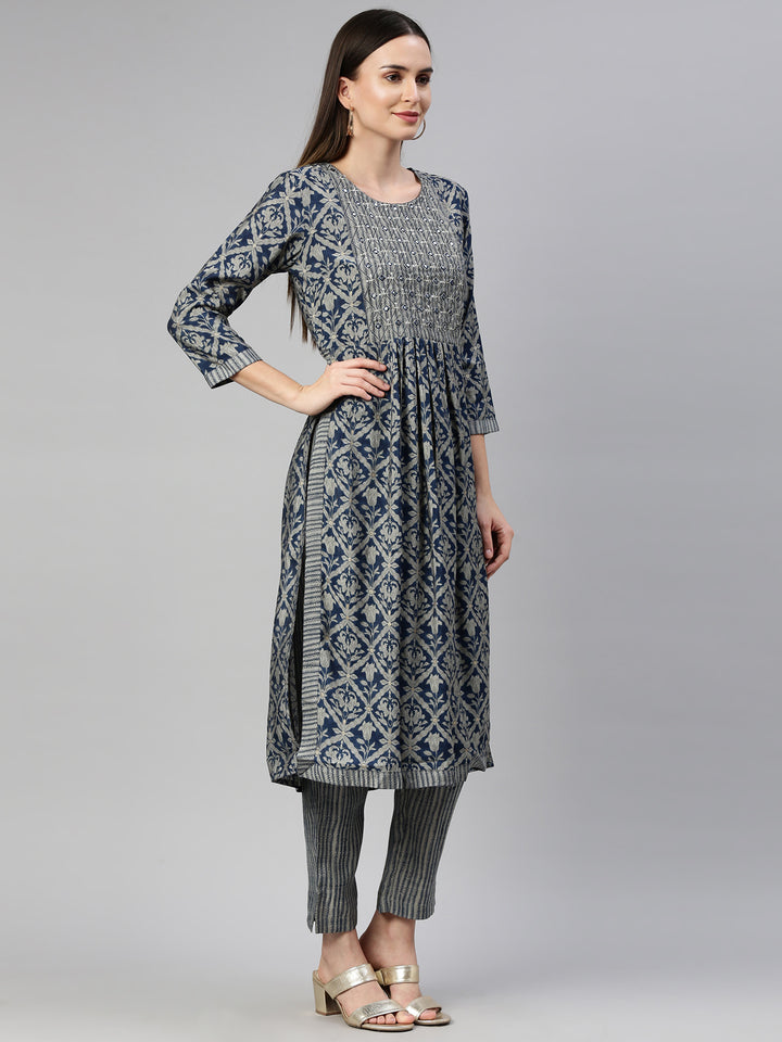 Neerus Blue muslin straight kurta set - detail view 1