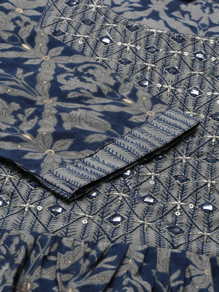 Neerus Blue muslin straight kurta set - detail view 4