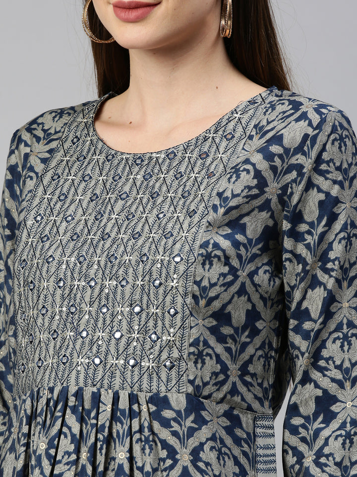 Neerus Blue muslin straight kurta set - detail view 5