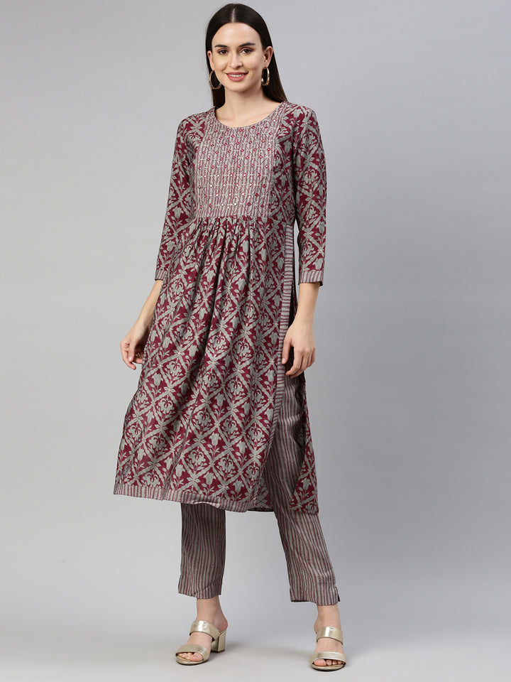 Neerus Maroon Color Muslin Fabric Kurta Set