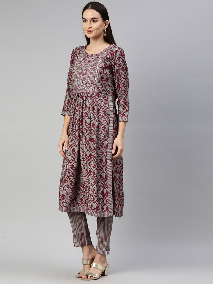 Neerus Maroon Color Muslin Fabric Kurta Set