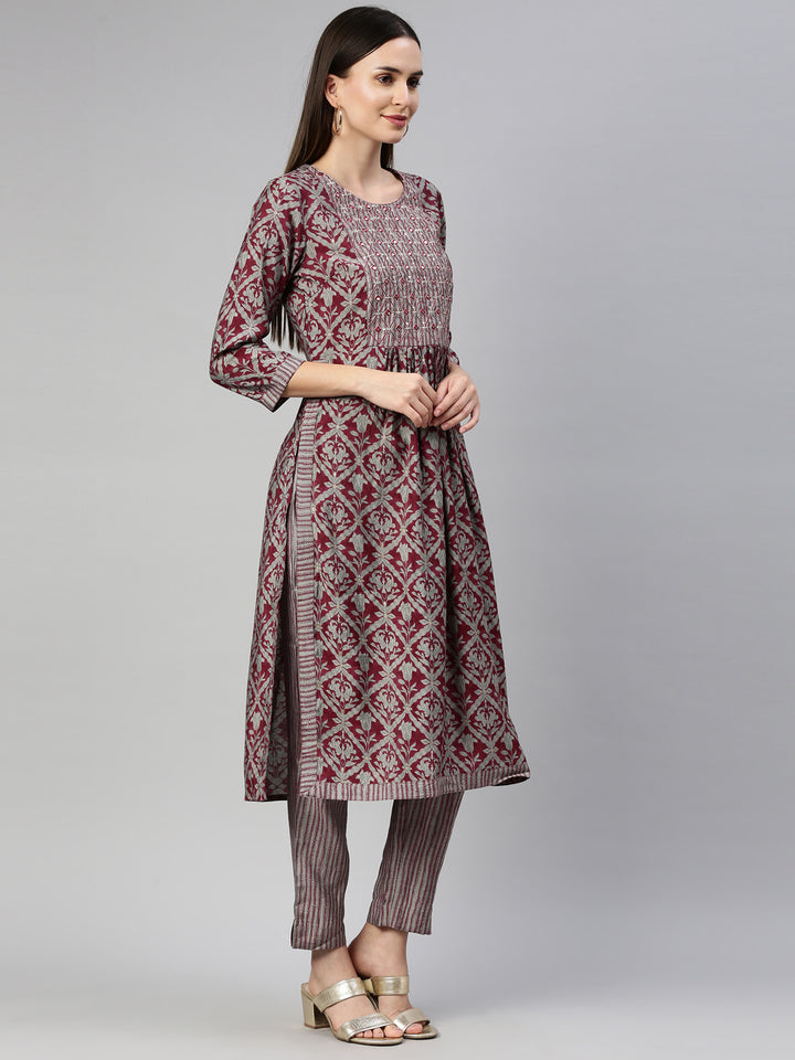 Neerus Maroon Color Muslin Fabric Kurta Set