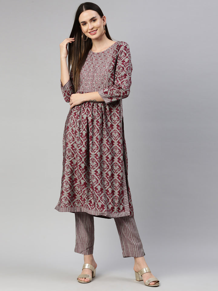 Neerus Maroon Color Muslin Fabric Kurta Set