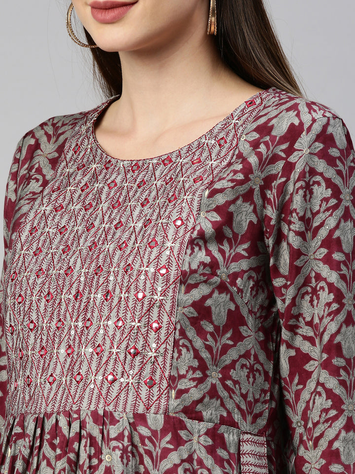 Neerus Maroon Color Muslin Fabric Kurta Set