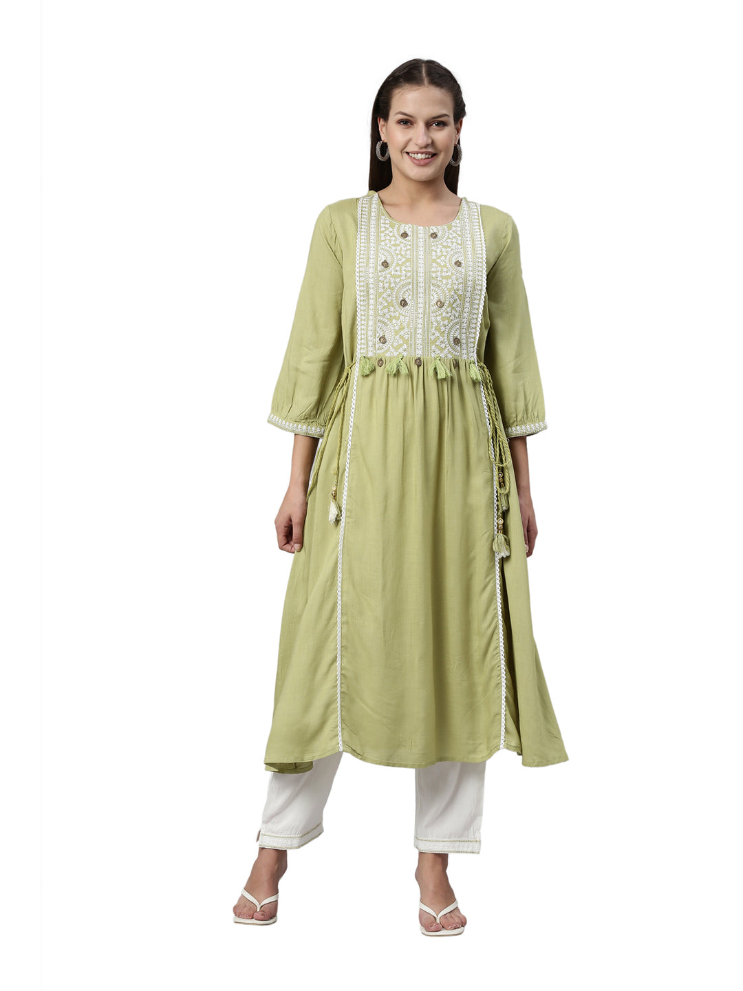 Neerus Pista Color Slub Rayon Fabric Kurta Set
