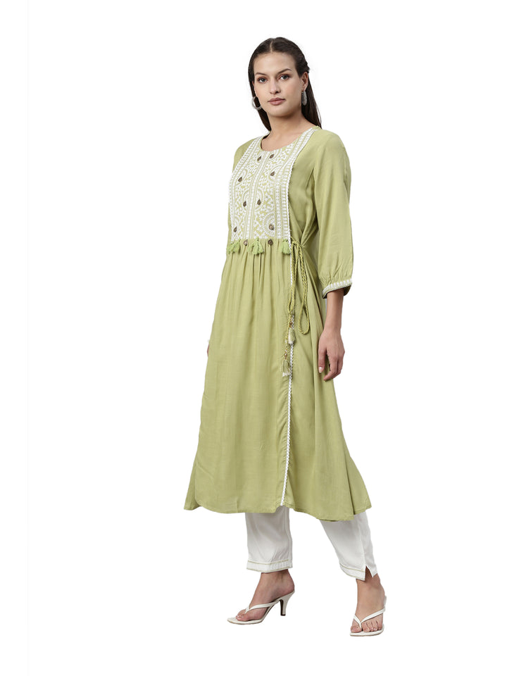 Neerus Pista Color Slub Rayon Fabric Kurta Set