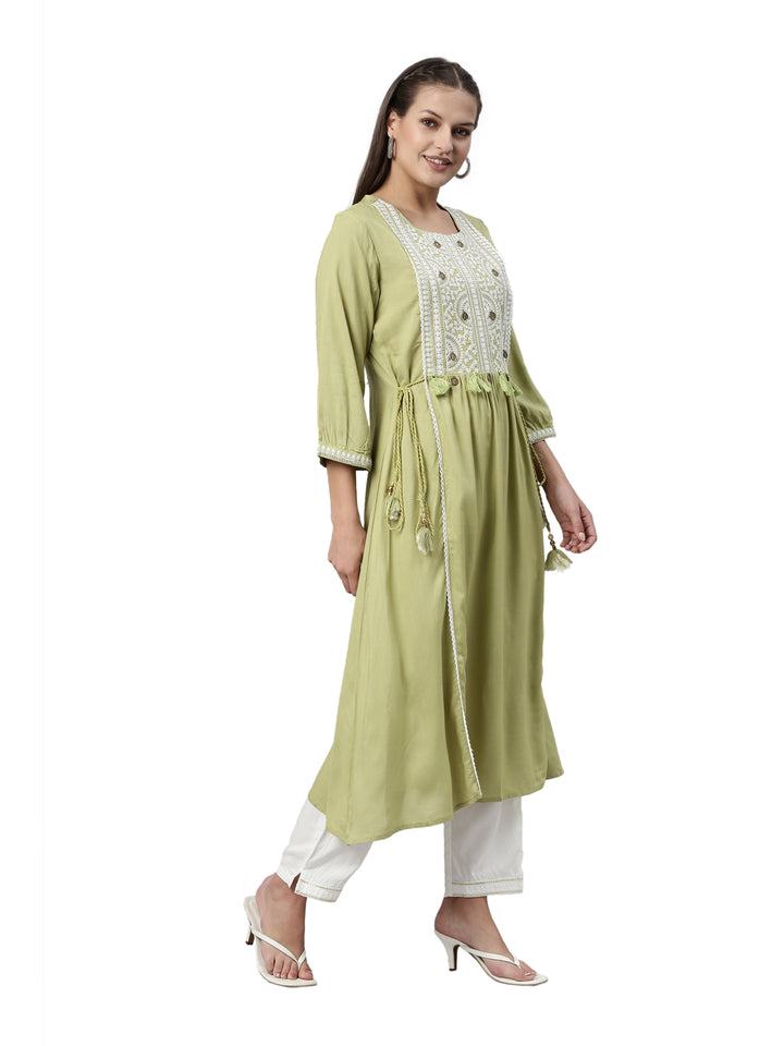 Neerus Pista Color Slub Rayon Fabric Kurta Set