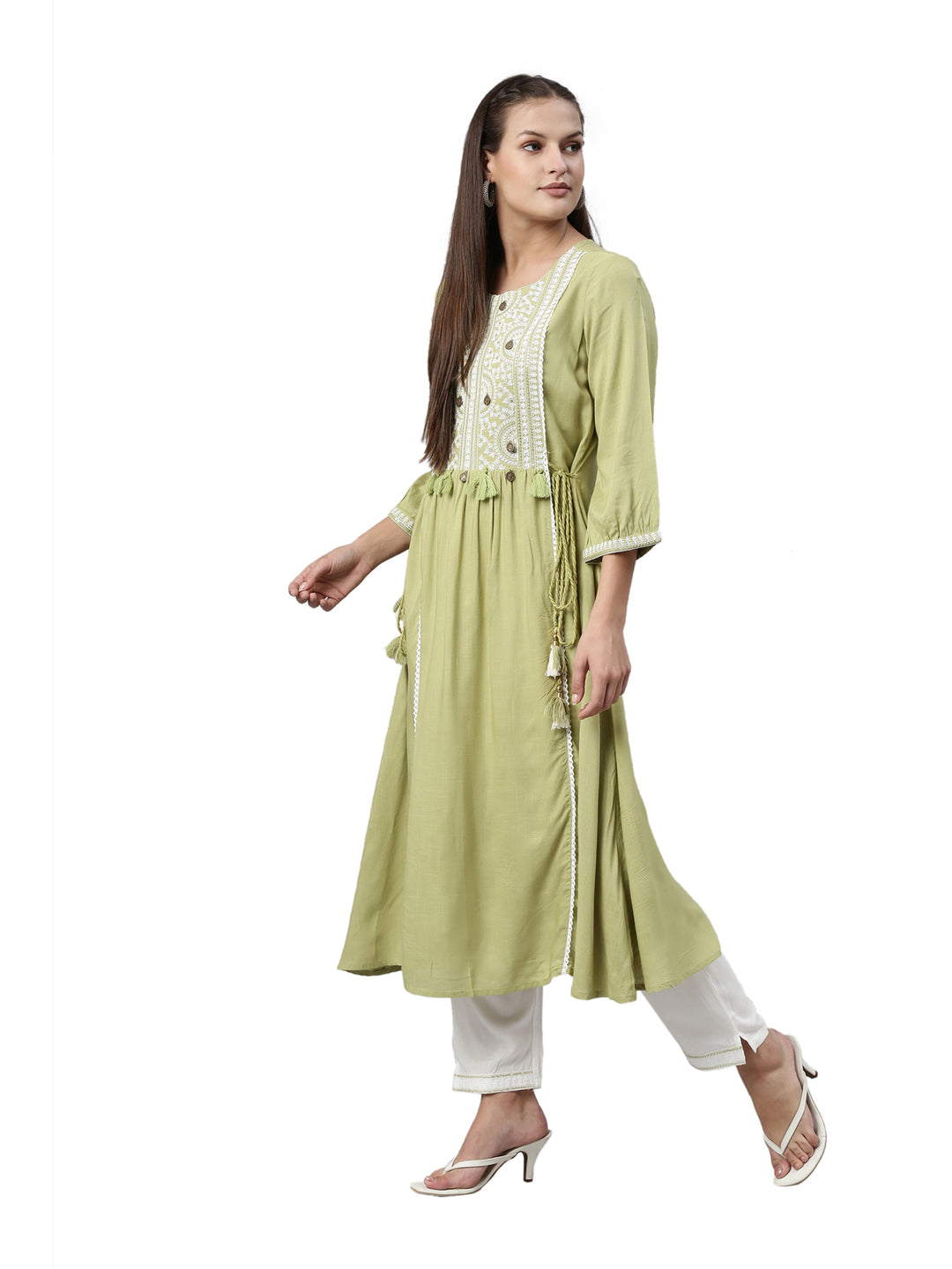 Neerus Pista Color Slub Rayon Fabric Kurta Set