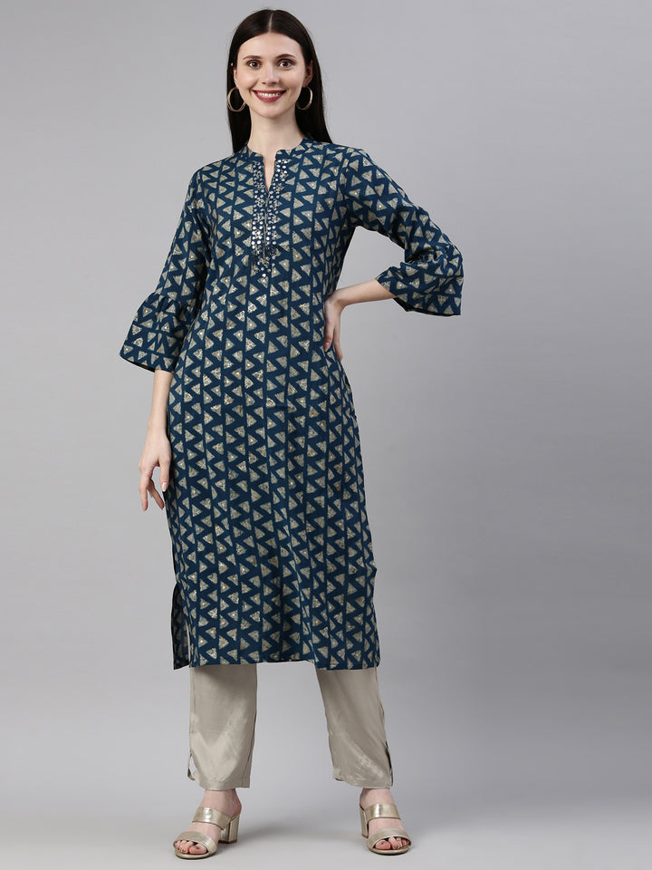 Neerus Blue Color Muslin Fabric Kurta Set