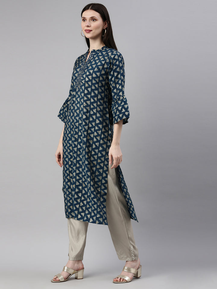 Neerus Blue Color Muslin Fabric Kurta Set