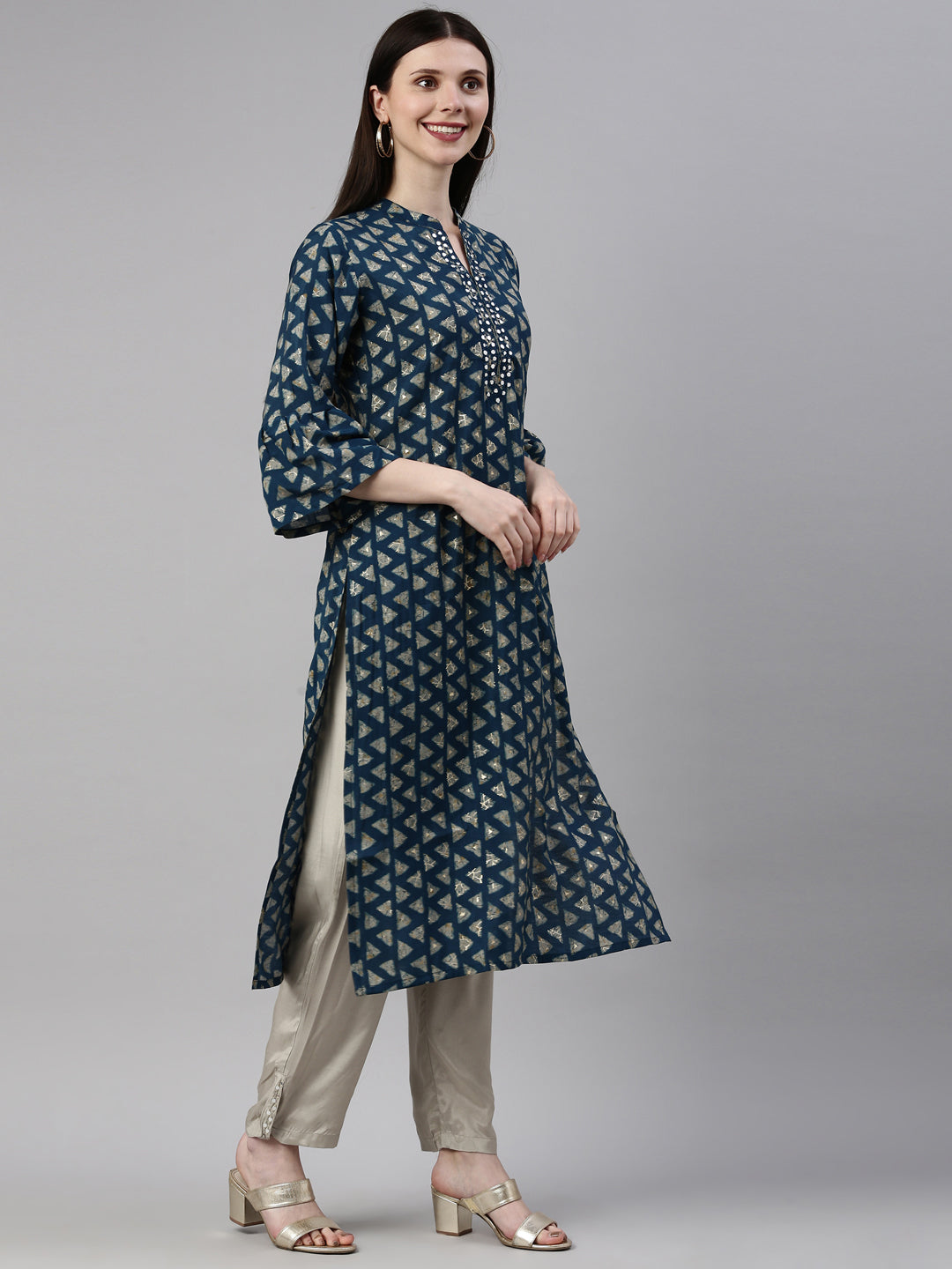 Neerus Blue Color Muslin Fabric Kurta Set