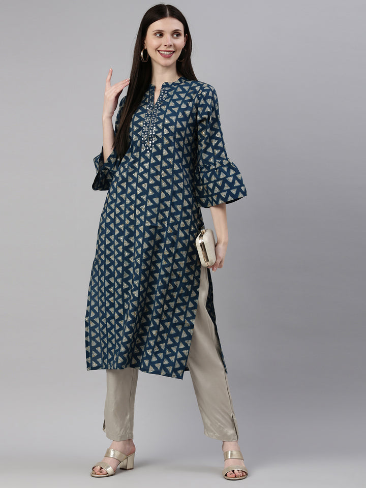 Neerus Blue Color Muslin Fabric Kurta Set