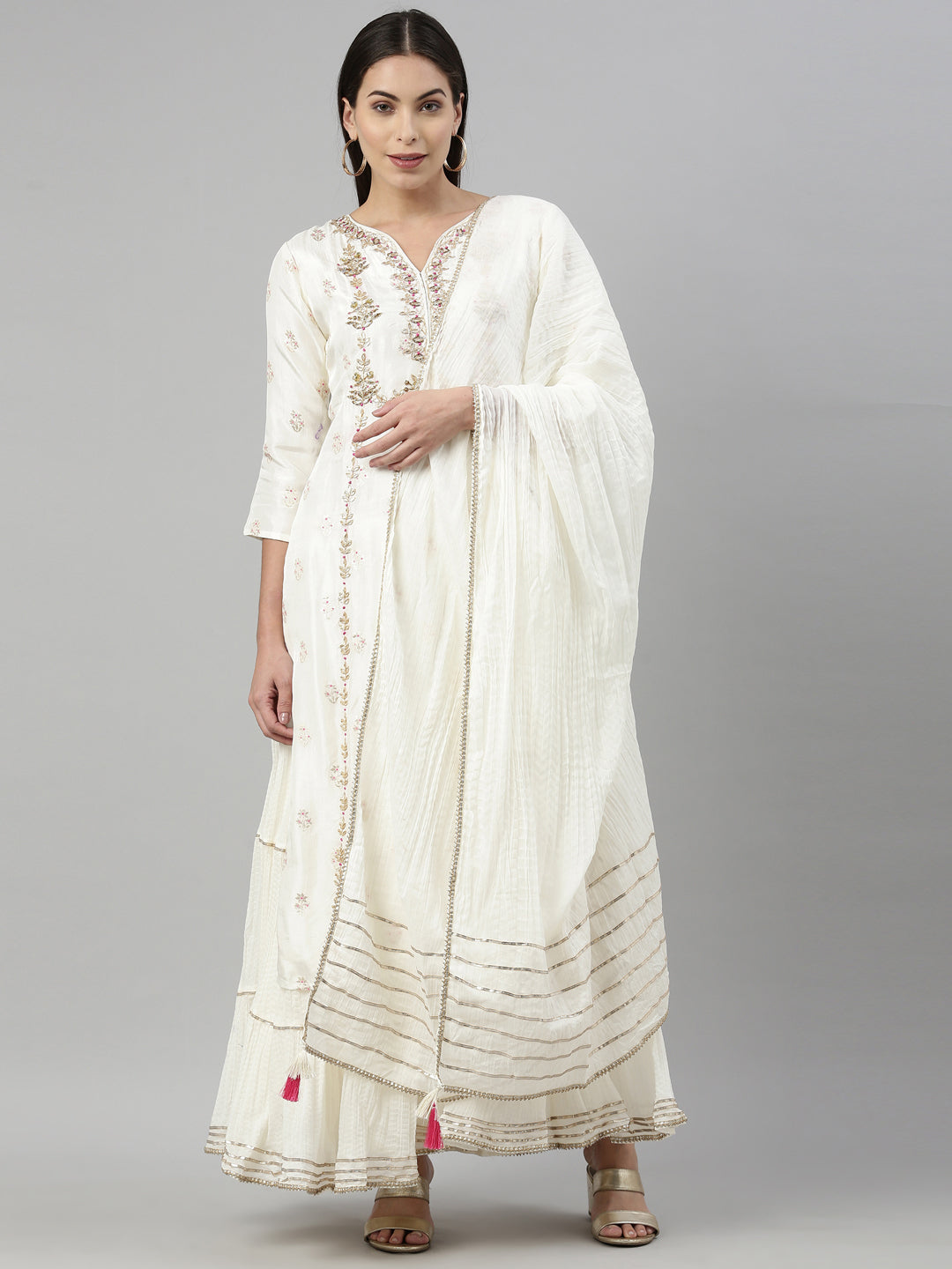 Neerus Beige shantoon embroidered kurta set - front view