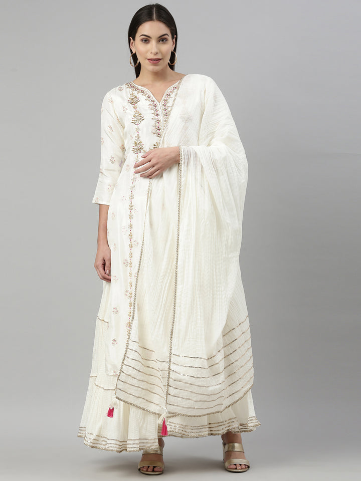 Neerus Beige shantoon embroidered kurta set - front view