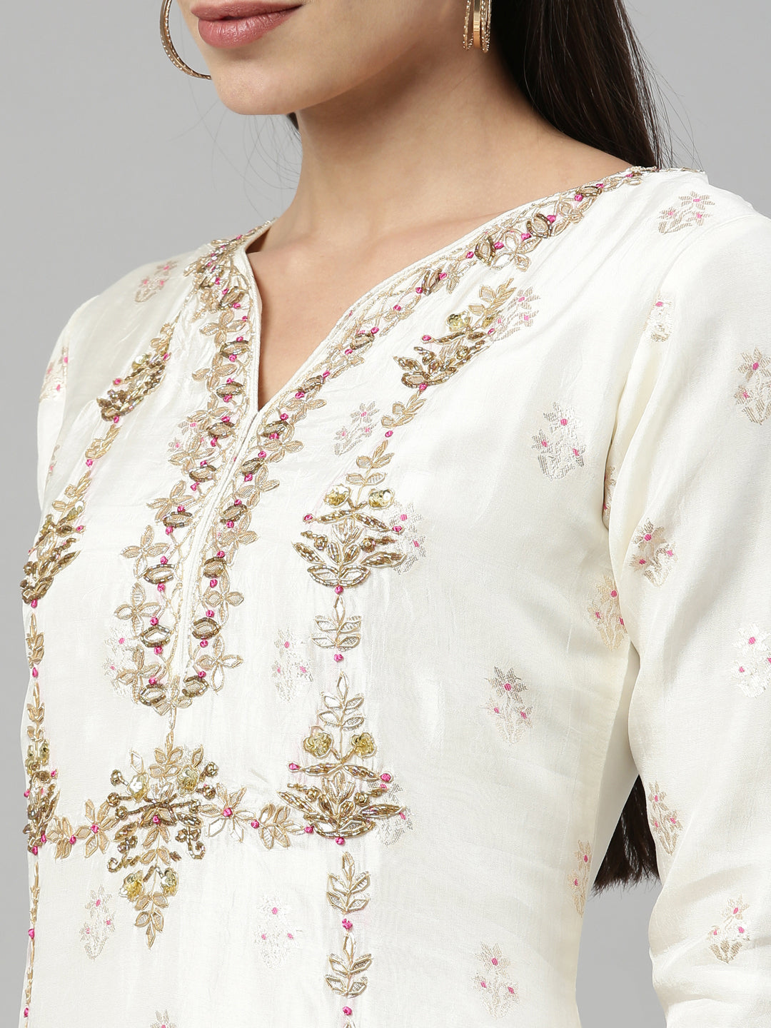 Neerus Beige shantoon embroidered kurta set - detail view 5