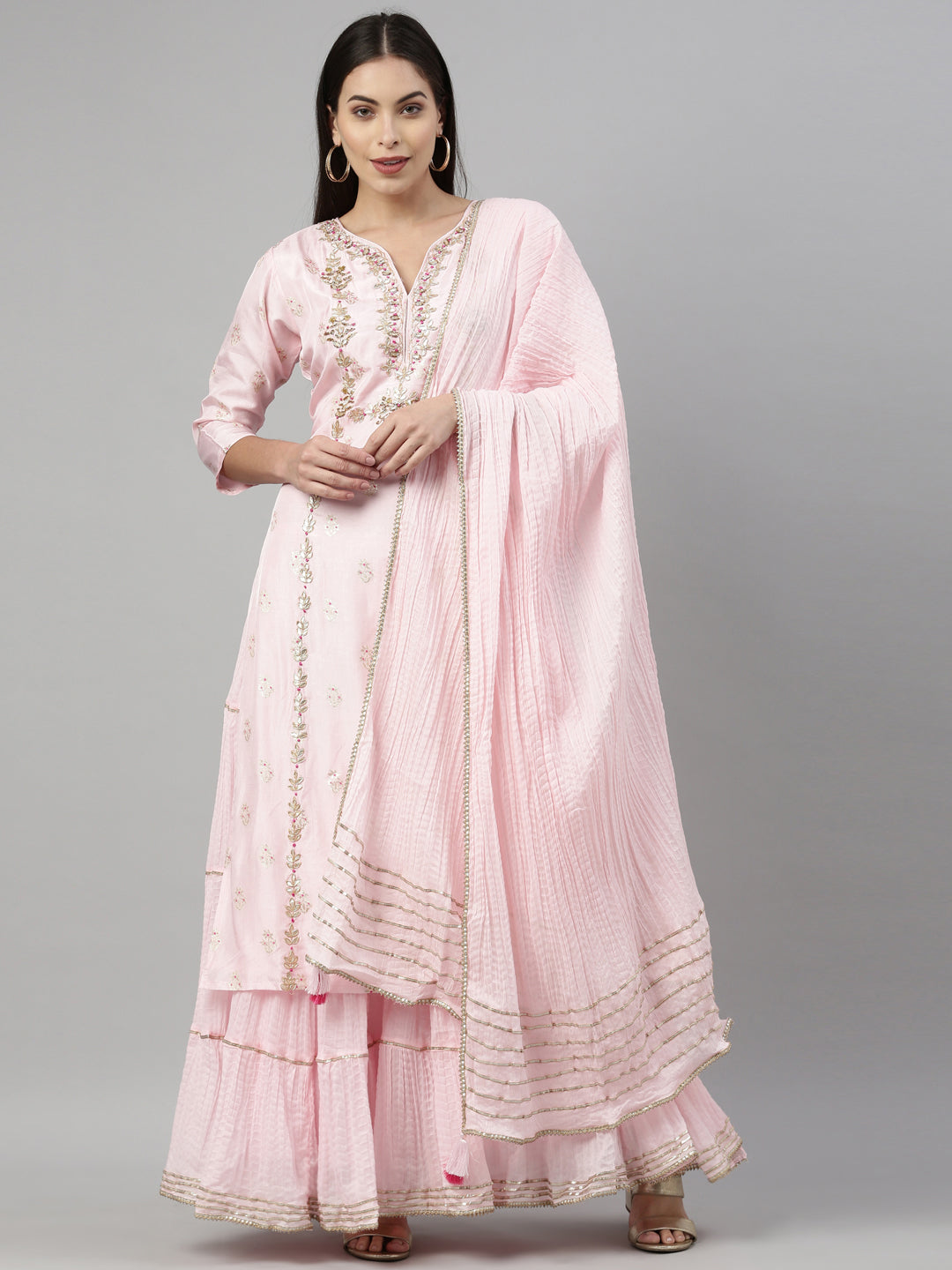 Neerus Pink shantoon printed kurti with dupatta - front view