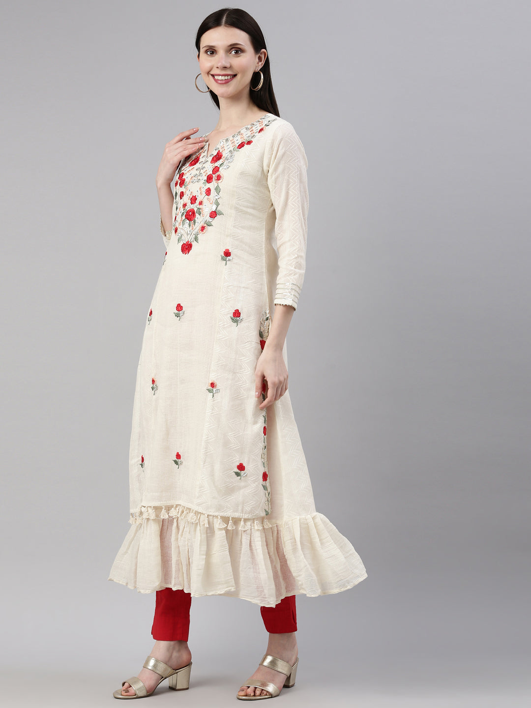Neerus Beige cotton solid kurti - side view